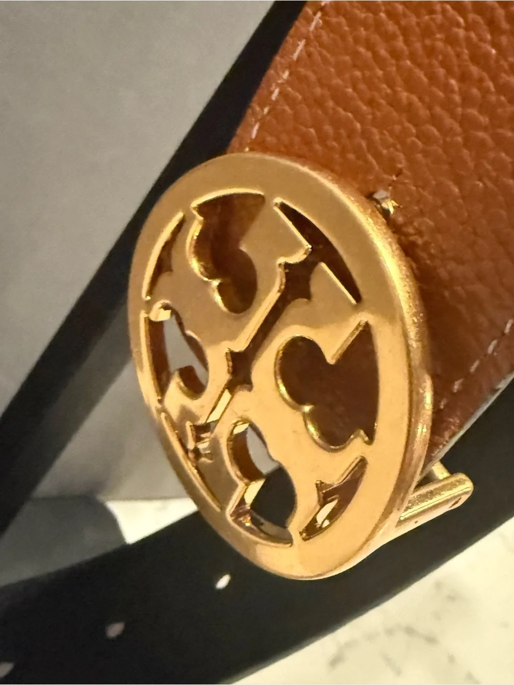 Tory Burch Brown Leather Belt with Gold Logo Buckle